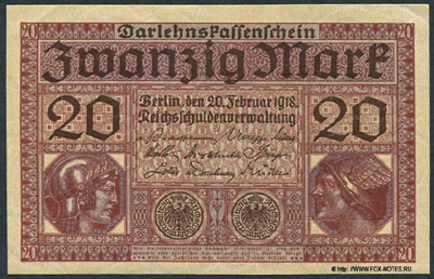 Darlehnskassenschein. 20 Mark. 20. Februar 1918. Deutsches Reich