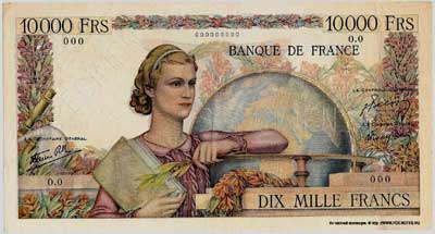 Banque de France 10000 франков тип 1945 г. "Génie français" 