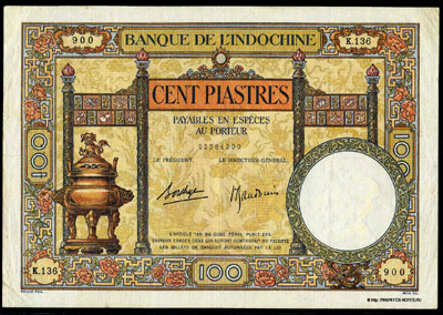 Banque de l'Indochine 100 Piastres 1936   