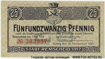 Stadt Remscheid 25 Pfennig 1919. notgeld