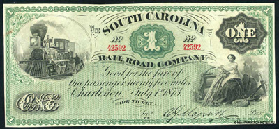 Rail Road Company South Carolina 1 Dollar 1875