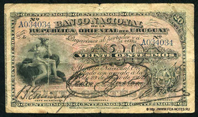Banco Nacional 20 Сентесимо 1887 банкнота Уругвай 