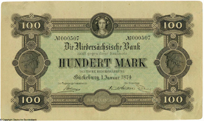 Niedersächsische Bank Banknote. 100 Mark. 1. Januar 1874.