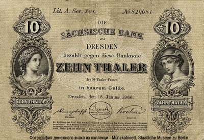 Sächsischen Bank zu Dresden Banknote 10 Thaler 1866