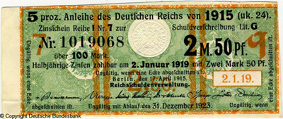 Zinsschein 5 proz. Anleihe des Deutschen Reichs von 1915 (uk.24). 2 M. 50 Pf.