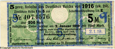 Zinsschein 5 proz. Anleihe des Deutschen Reichs von 1916 (uk.24)