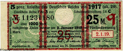 Zinsschein 5 proz. Anleihe des Deutschen Reichs von 1917 (uk.24)