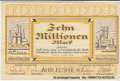 Stadt Hörde Gutschein. 1. September 1921. 10 Millionen Mark.