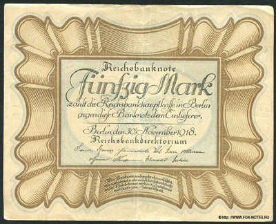 Reichsbanknote. 50 Mark. 30. November 1918. Eierschein Deutsches Reich