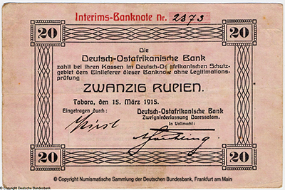 Die Deutsch-Ostafrikanische Bank. Interims-Banknote. 15. März 1915.