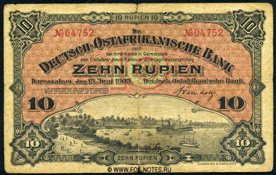 Deutsch-Ostafrikanische Bank. Banknote. 10 Rupien. 15. Juni 1905.