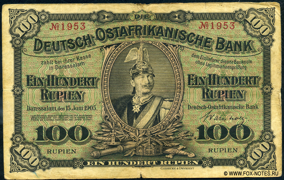 Die Deutsch-Ostafrikanische Bank. Banknote. 100 Rupien. 15. Juni 1905.