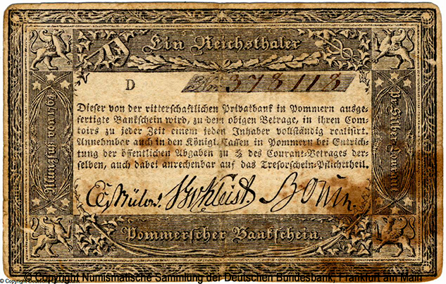 Ritterschaftliche Privatbank in Pommern 1 Reichathaler 1824   D
