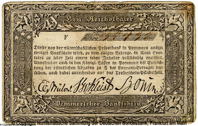 Ritterschaftliche Privatbank in Pommern 1 Reichathaler 1824   F