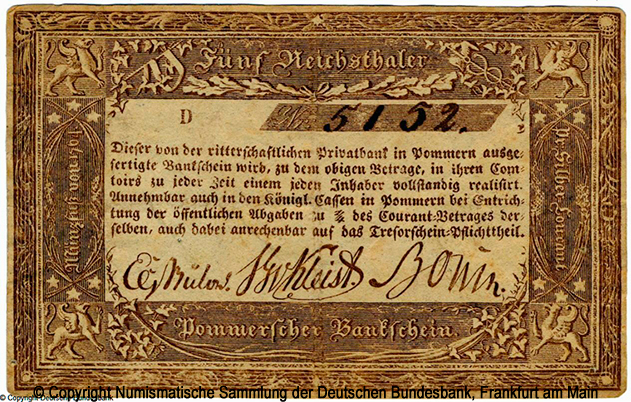 Ritterschaftliche Privatbank in Pommern 5 Reichathaler 1824   D