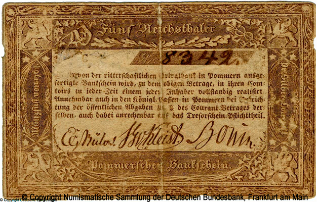Ritterschaftliche Privatbank in Pommern 5 Reichathaler 1824   C