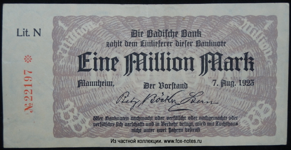 Badische Bank. Banknote. 1 Million. 8. August 1923.