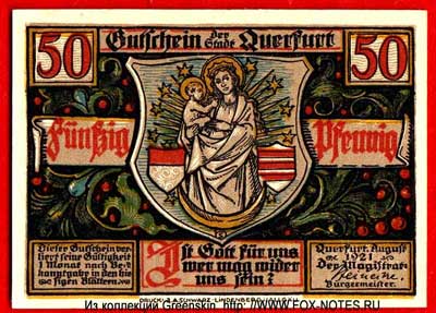 Gutschein der Stadt Querfurt. August 1921. 50 pfennig notgeld.