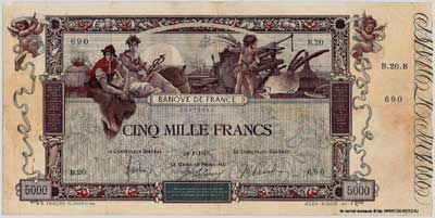Banque de France 5000 франков тип 1918 г. "Flameng"
