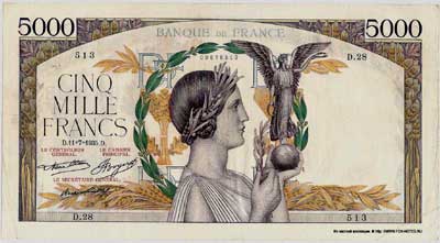 Banque de France 5000 франков тип 1934 г. "Victoire"
