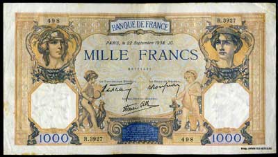 Франция банкнота 1000 франков 1938 года
