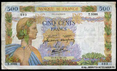 Banque de France 500 франков тип 1939 г. "La Paix"