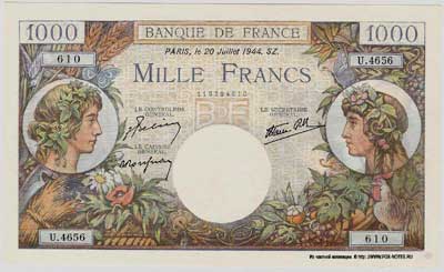 Banque de France 1000 Francs 1944 J.Belin Roussean Favre-Gilli