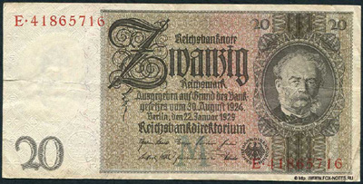 Reichsbank. Reichsbanknote. 20 Reichsmark. 22. Januar 1929. 