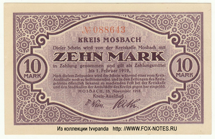 Kreis Mosbach 10 Mark 1918