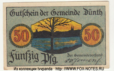 Gutschein der Gemeide Dünth. 50 Pfennig.