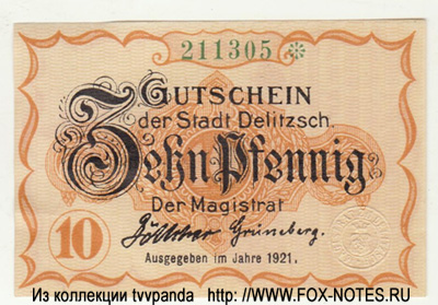 Gutscein der Stadt Delitzsch. 10 Pfennig. 1921.