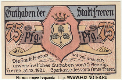 Guthaben der Stadt Freren. 75 Pfennig 1921.