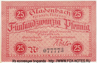 Gemeinde Gladenbach 25 Pfennig 1920 NOTGELD