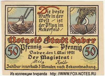 Notgeld Stadt Daber. 1. Mai 1921.