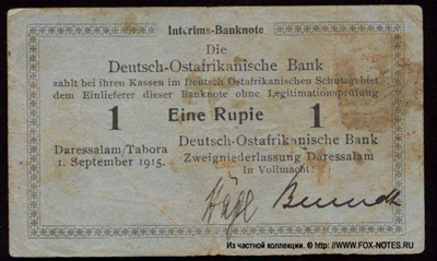 Interims-Banknote. Daressalam / Tabora, den 1. September 1915.