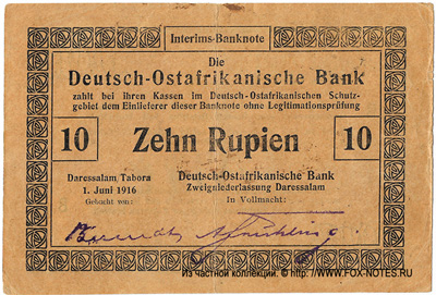 Die Deutsch-Ostafrikanische Bank. Interims-Banknote. 1. Juni 1916.