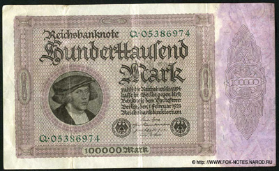 Deutsches Reich. Reichsbanknote. 100000 Mark. 1. Februar 1923. 