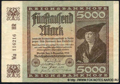 Reichsbank. Reichsbanknote. 5000 Mark. 2. Dezember 1922.