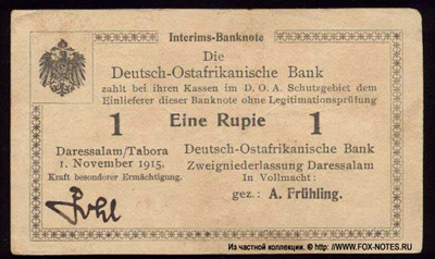 Deutsch-Ostafrikanische Bank. Interims-Banknote. 1 Rupien. 1. November 1915