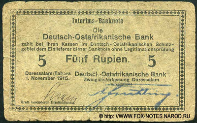 Die Deutsch-Ostafrikanische Bank. Interims-Banknote. 5 Rupien. 1. November 1915.