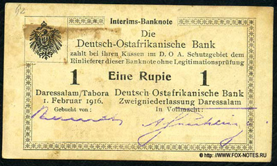 Deutsch-Ostafrikanische Bank. Interims-Banknote. 1 Rupien. 1. Februar 1916.