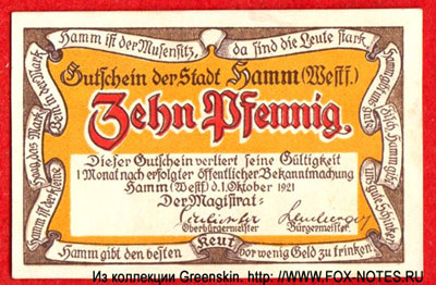 Gutschein der Stadt Hamm (Westf.). 1. Oktober 1921. 10 Pfennig