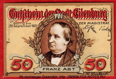 Gutschein der Stadt Eisleben. Gültig bis 30. September 1921. 50 Pfennig.