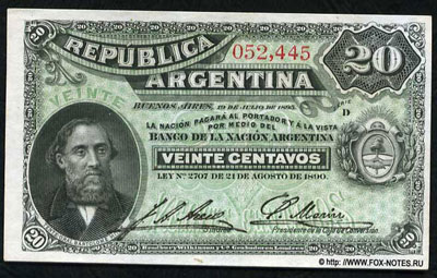 BANCO DE LA NACIÓN ARGENTINA 20 centavos 1895 БАНКНОТА АРГЕНТИНЫ