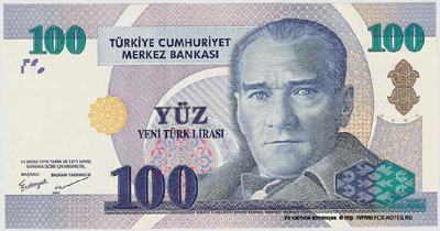 Турция банкнота 100 новых турецких лир 2005
