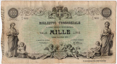 BIGLIETTO CONSORZIALE 1000 lire 1874