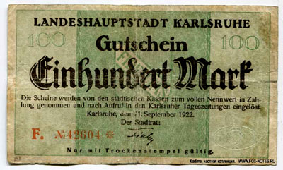 Landeshauptstadt Karlsruhe 100 mark 1920
