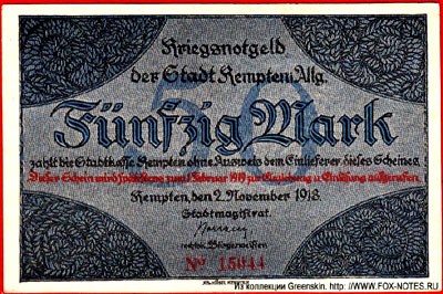 Kriegsnotgeld Stadt Kempten in Allg. 2. November 1918. 50 Mark