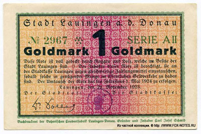 Stadt Lauingen an der Donau 1 goldmark 1923