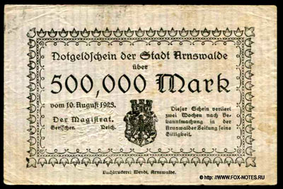 Stadt Arnswalde 500,000 Mark 1923